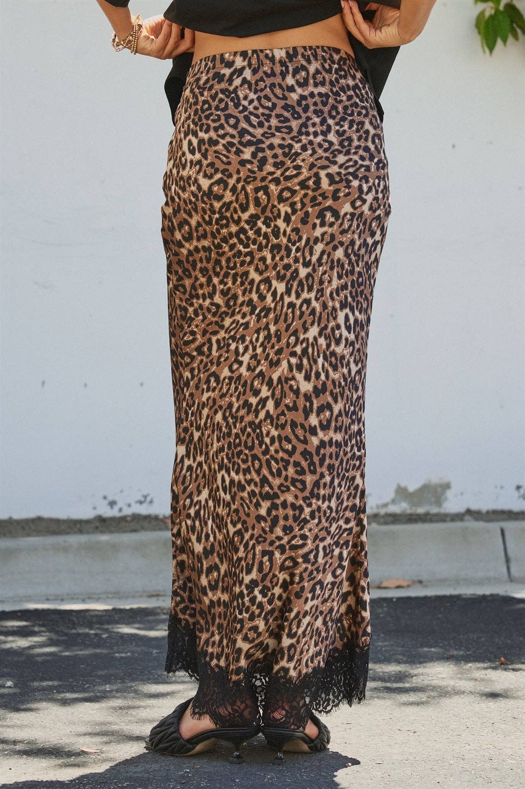 Leopard Print Satin Maxi Skirt with Lace Hem