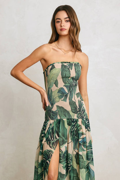 Hidden Oasis Strapless Drop Waist Smocked Dress