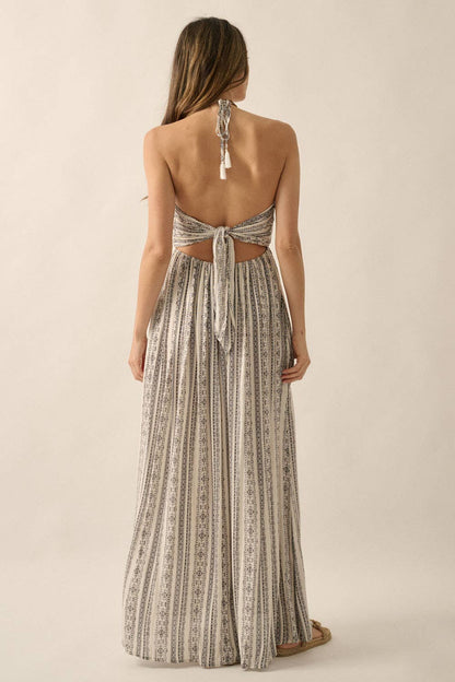 Aztec-Stripe Plunging Halter Maxi Dress