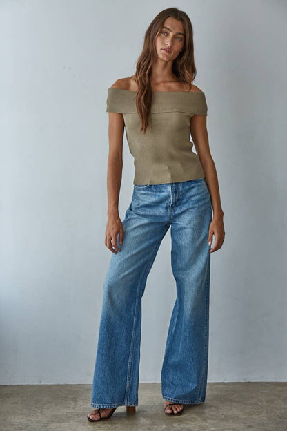 Knit Sweater Ribbed Fold Over Off The Shoulder Top