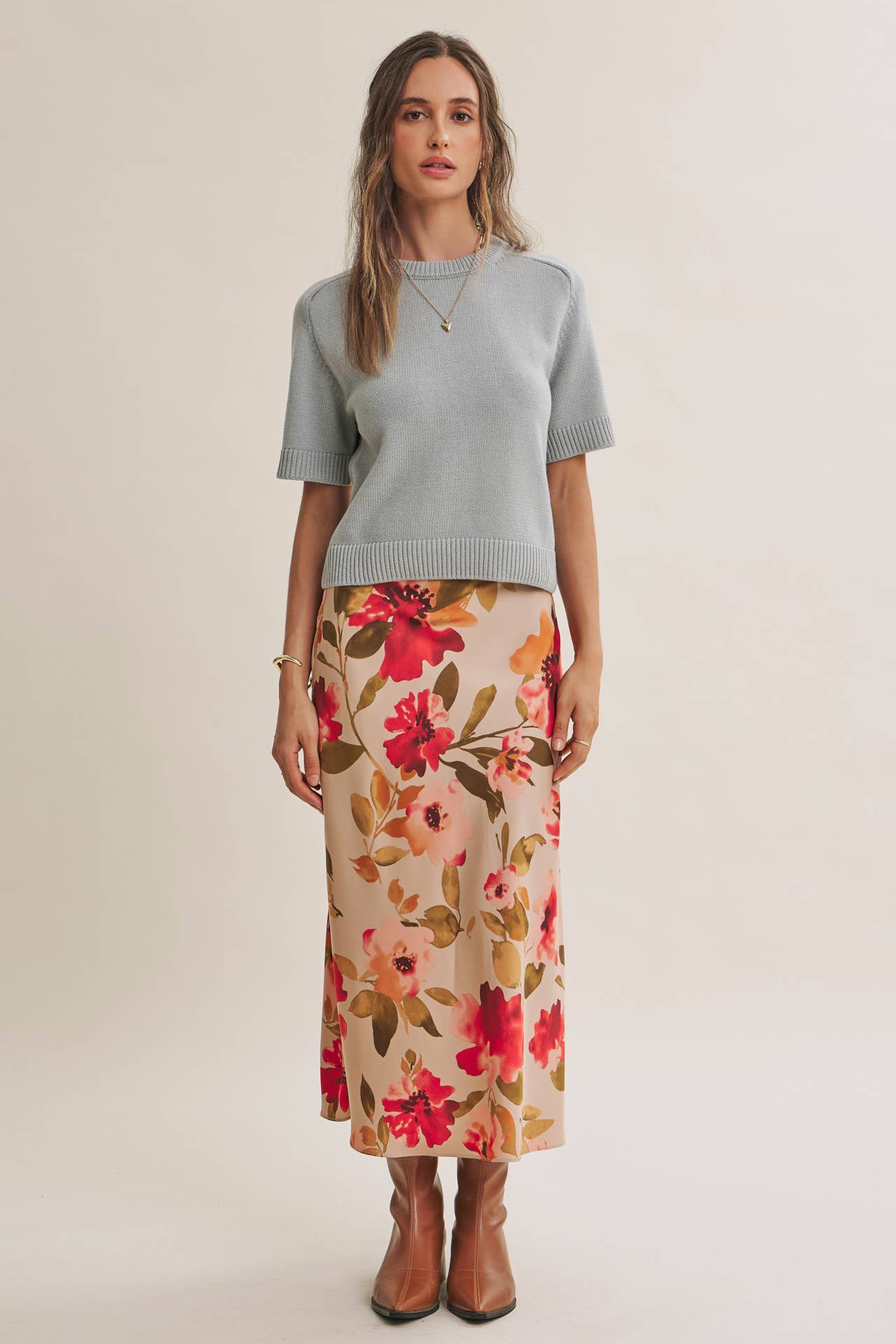 DRAPES SMOOTHLY SOFT FLORAL SATIN BIAS CUT MIDI SKIRT