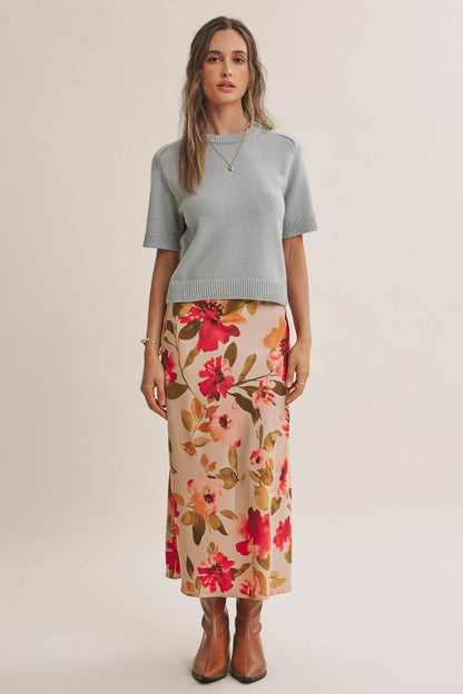 DRAPES SMOOTHLY SOFT FLORAL SATIN BIAS CUT MIDI SKIRT