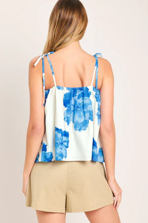 Tie Spaghetti Strap Woven Printed Top