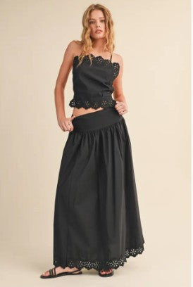 Black Poplin Top/Skirt Scallop Set
