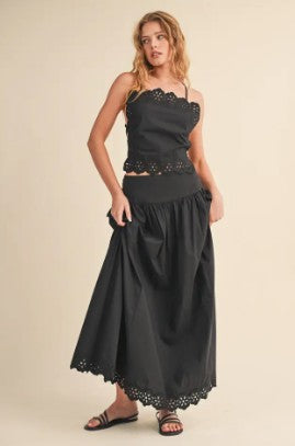 Black Poplin Top/Skirt Scallop Set