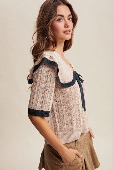 Pointelle Oatmeal & Black summer sweater