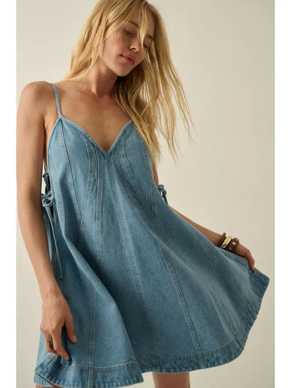 Denim Baby Doll Dress w/ Tie-Sides & Pockets