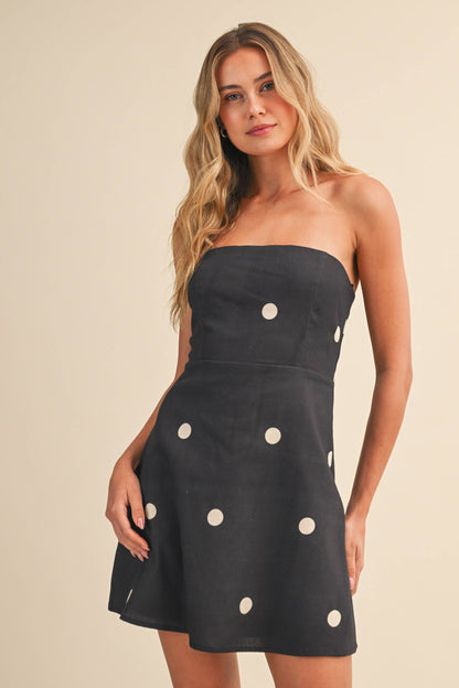POLKADOT LINEN STRAPLESS A-LINE MINI DRESS