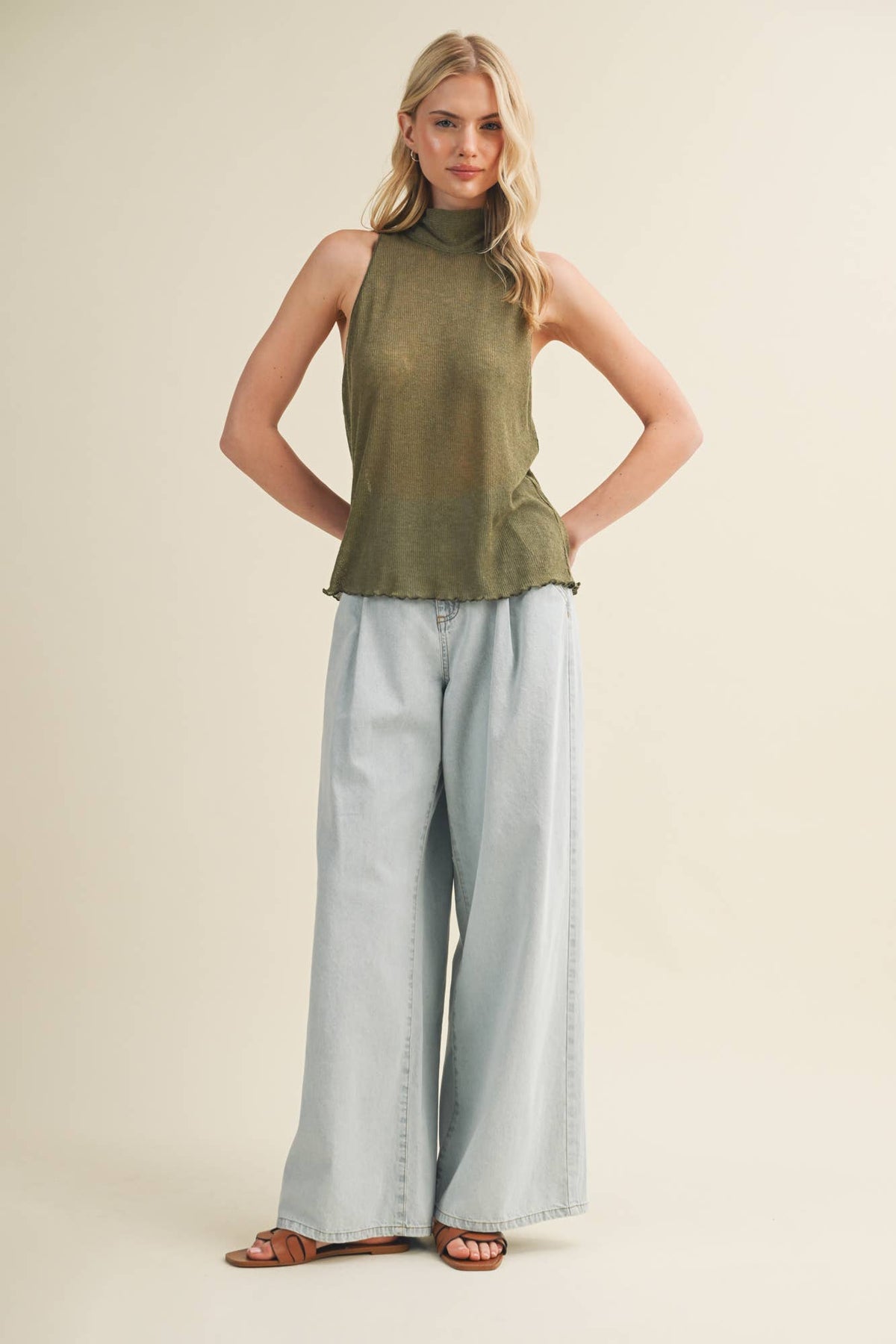 Tie-Back Mock Neck Ribbed Knit Top