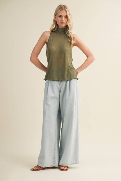 Tie-Back Mock Neck Ribbed Knit Top