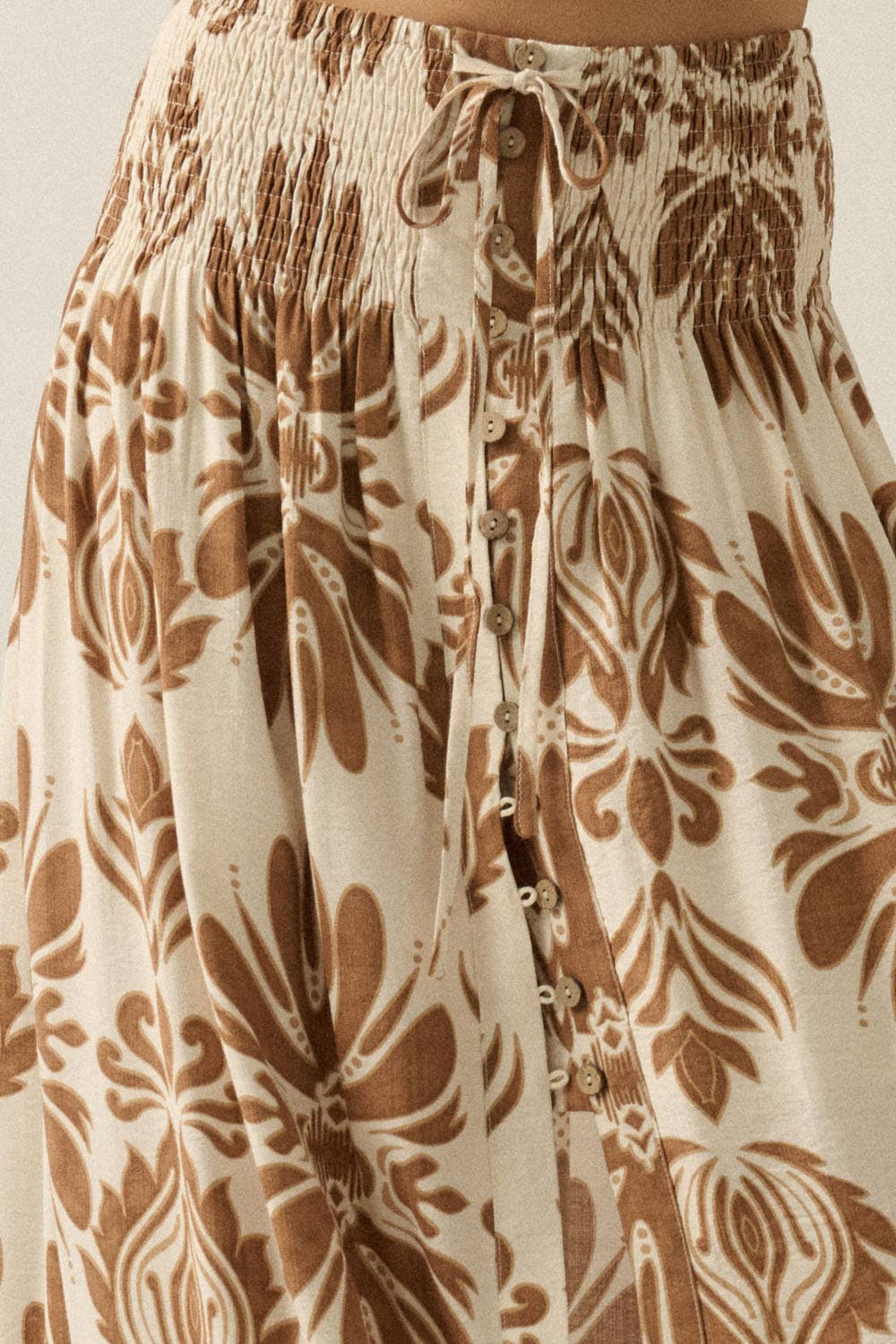 Ornate Floral-Print Button-Front Drawstring Maxi Skirt