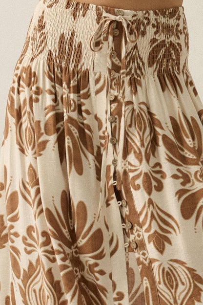 Ornate Floral-Print Button-Front Drawstring Maxi Skirt