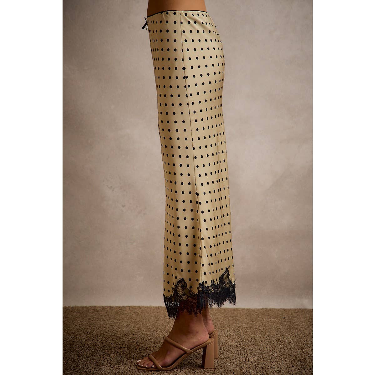 POLKA DOT SATIN LACE TRIM MAXI SKIRT