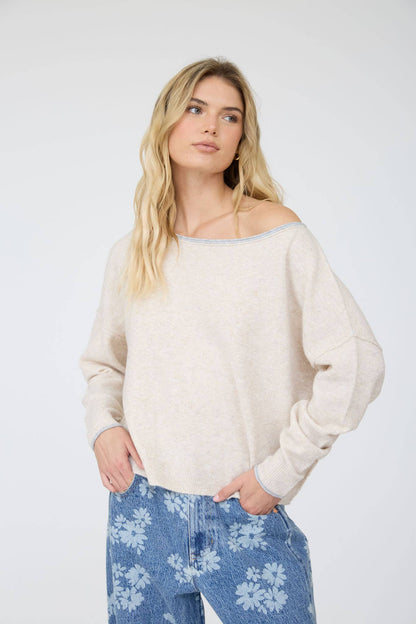 CONTRAST TRIM OFF SHOULDER LONG SLEEVE SWEATER