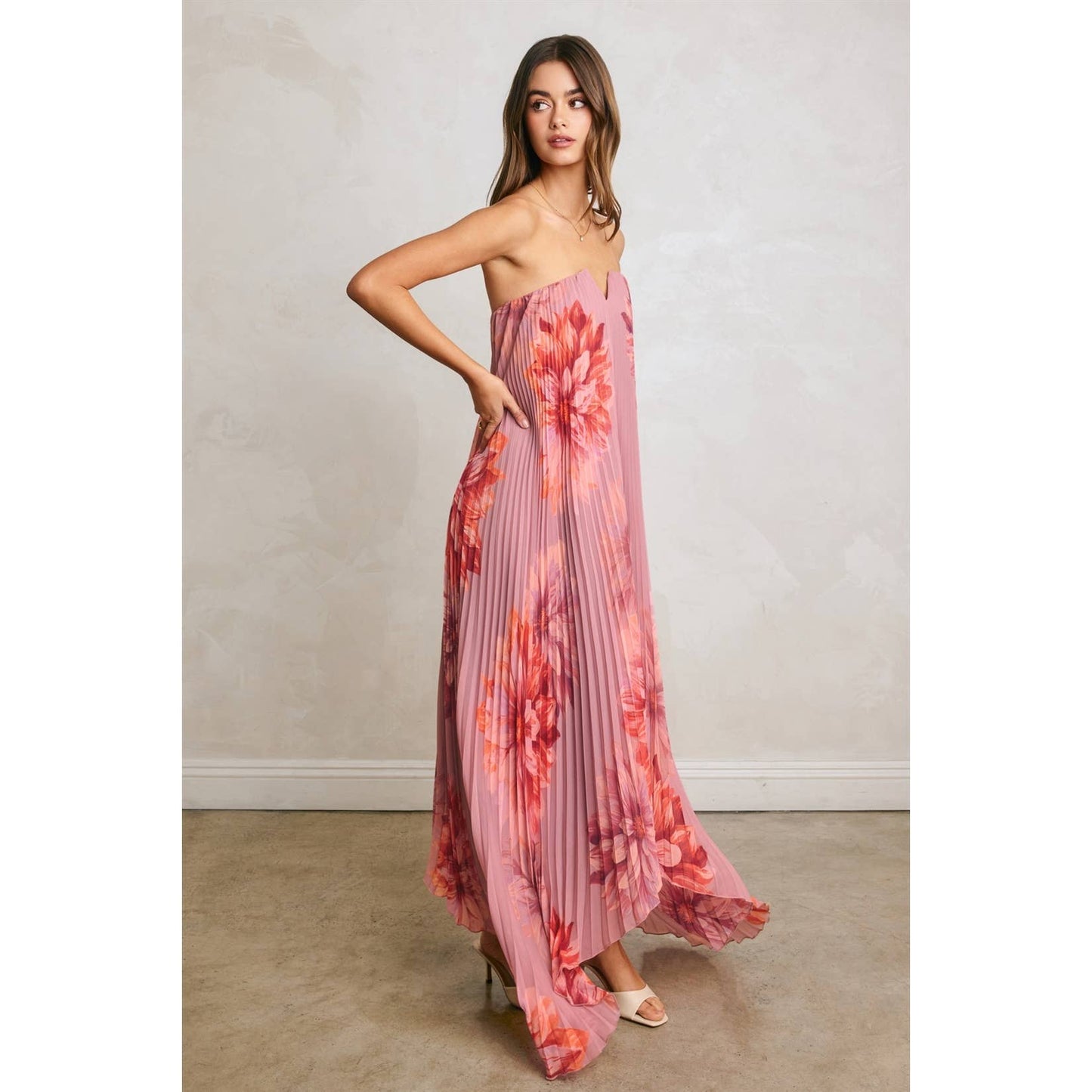 Floral Strapless Pleated Maxi Column Dress