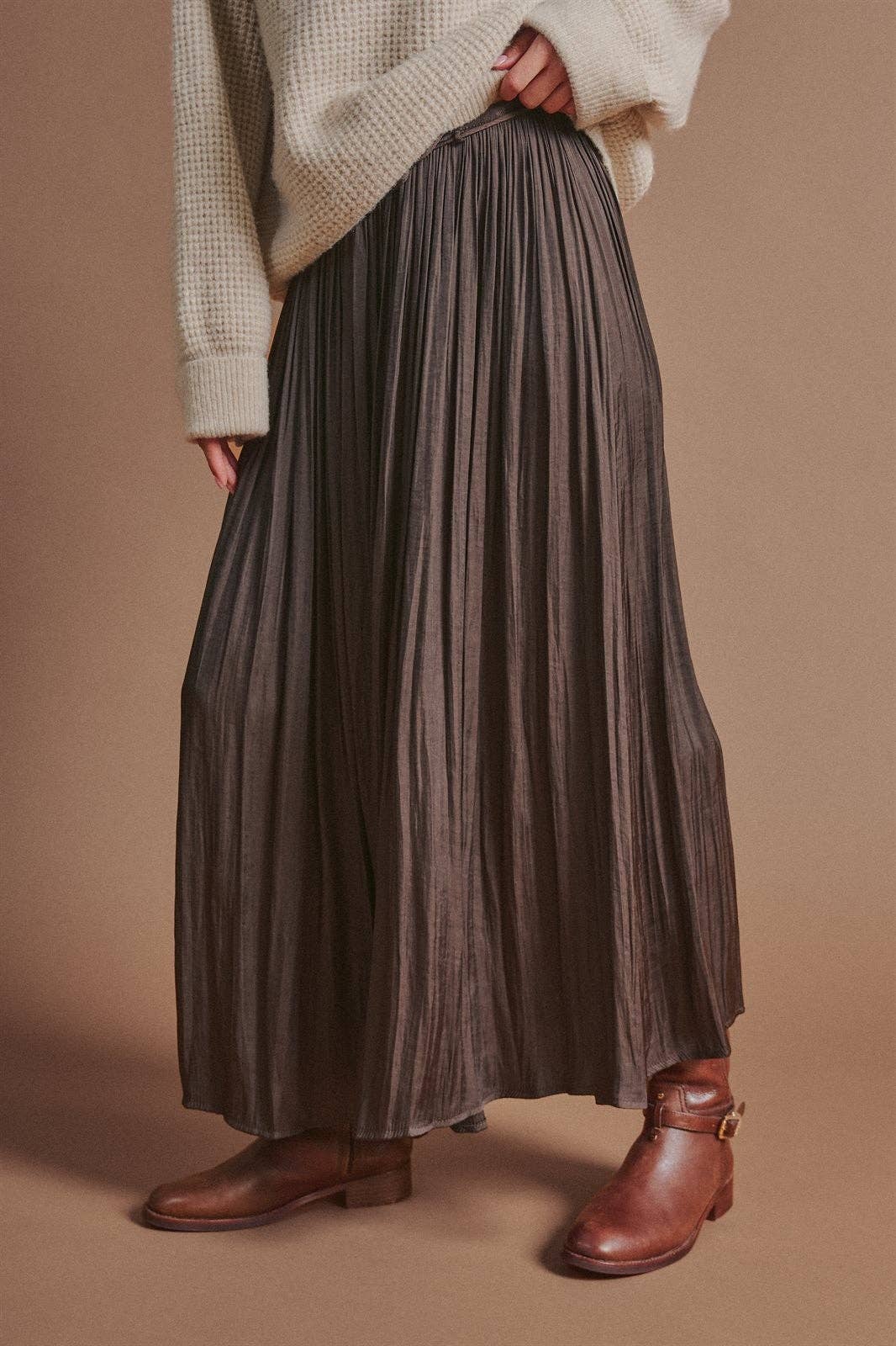 Washed Satin Crinkle Pleated Maxi Skirt