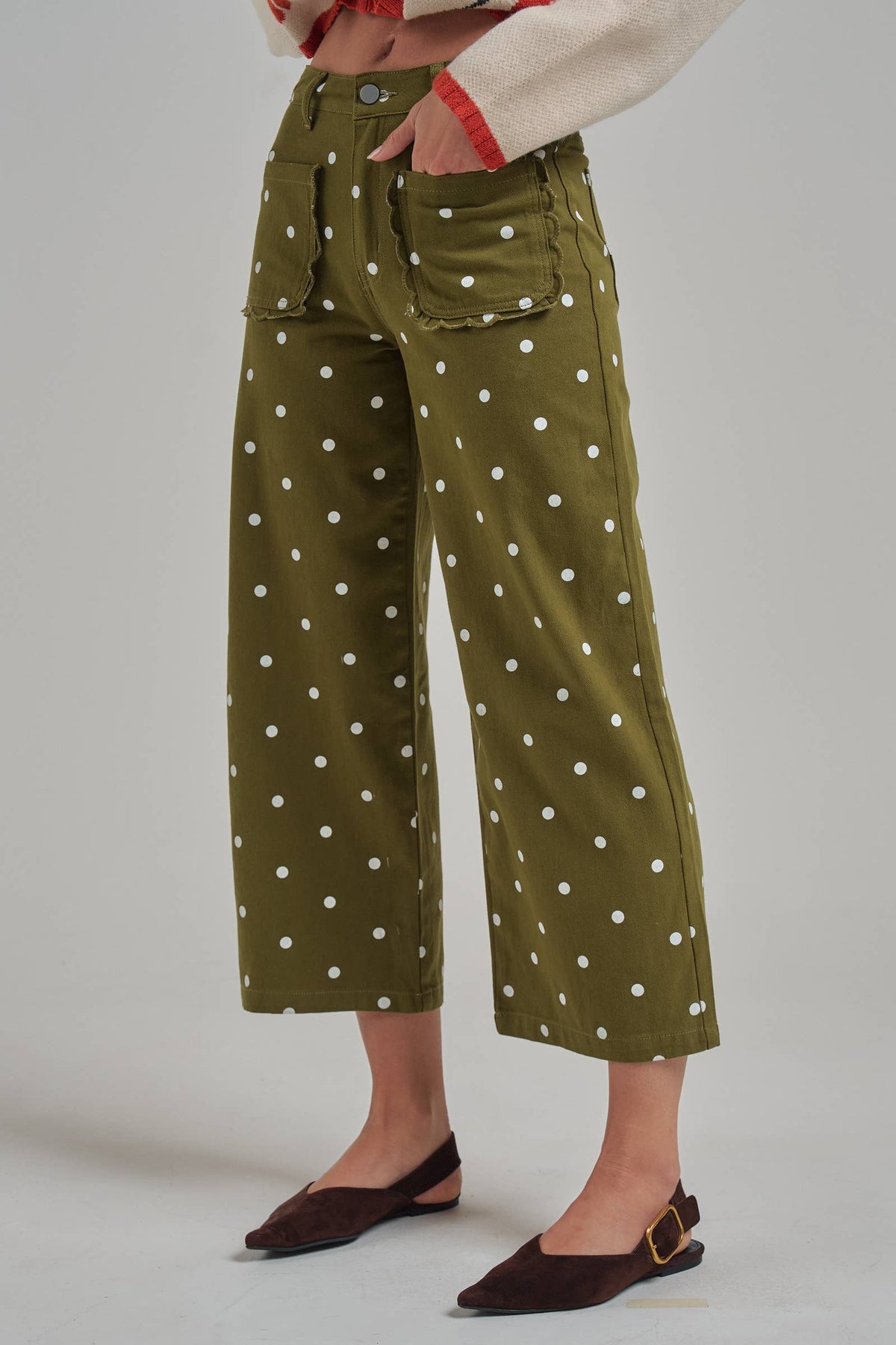 WIDE LEG POLKA DOT TWILL PANTS SCALLOP POCKET
