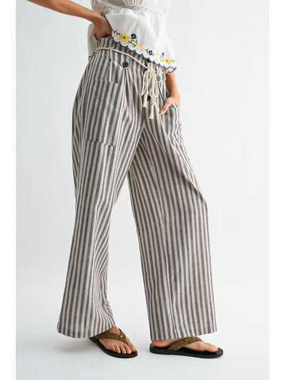 Striped Linen-Blend Drawstring Pant