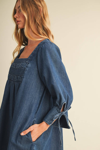 Square-Neck Smocked Denim Trapeze Dress