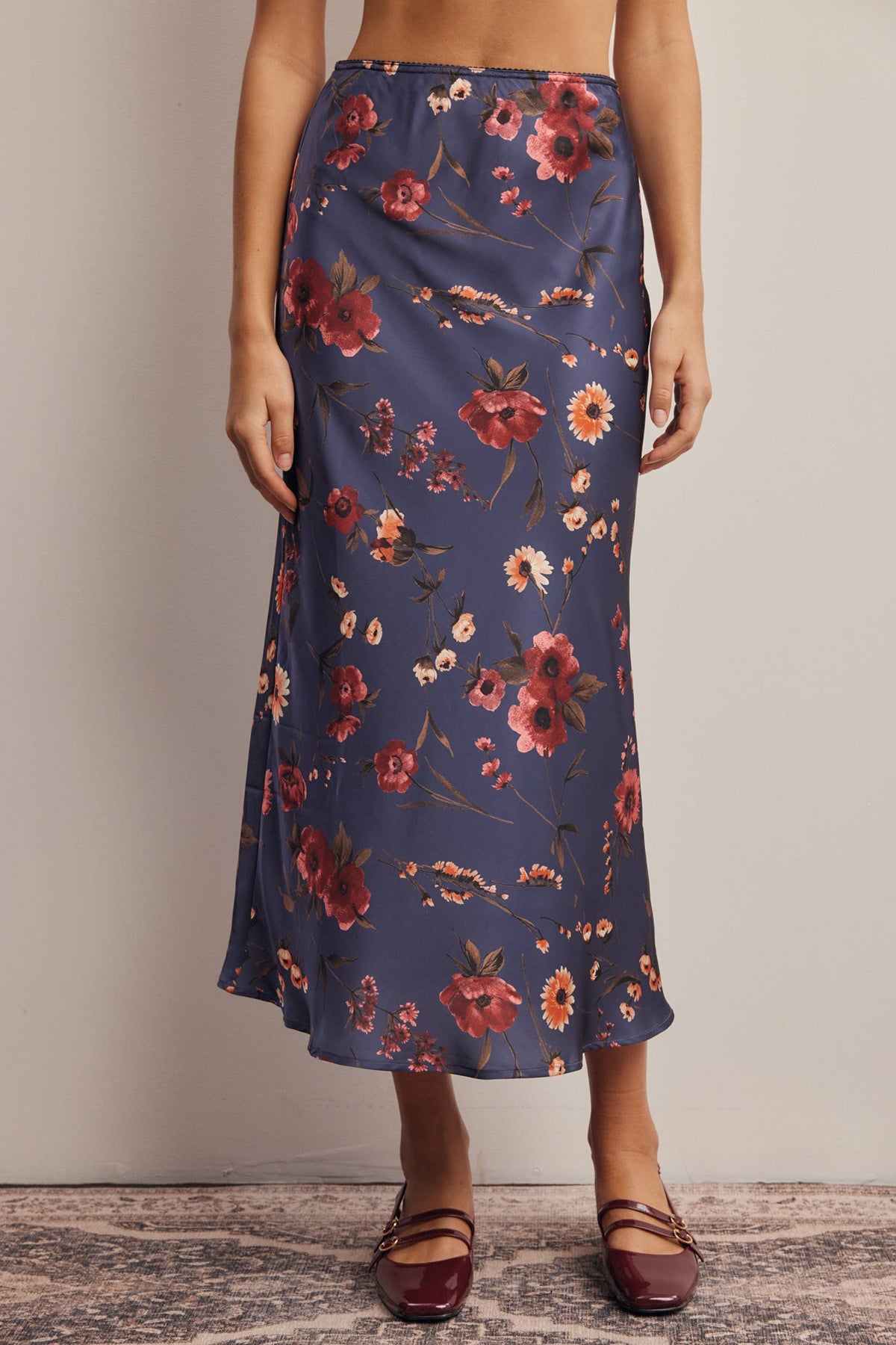 Floral Satin Midi Skirt