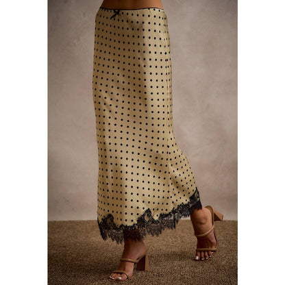 POLKA DOT SATIN LACE TRIM MAXI SKIRT