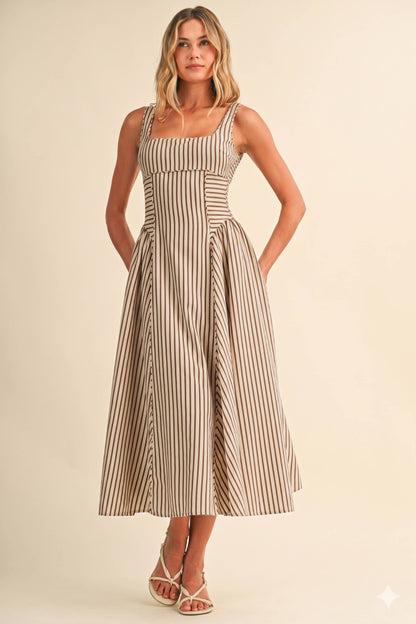 STRIPED BACK BUCKLE PIPING DETAIL MIDI DRESS