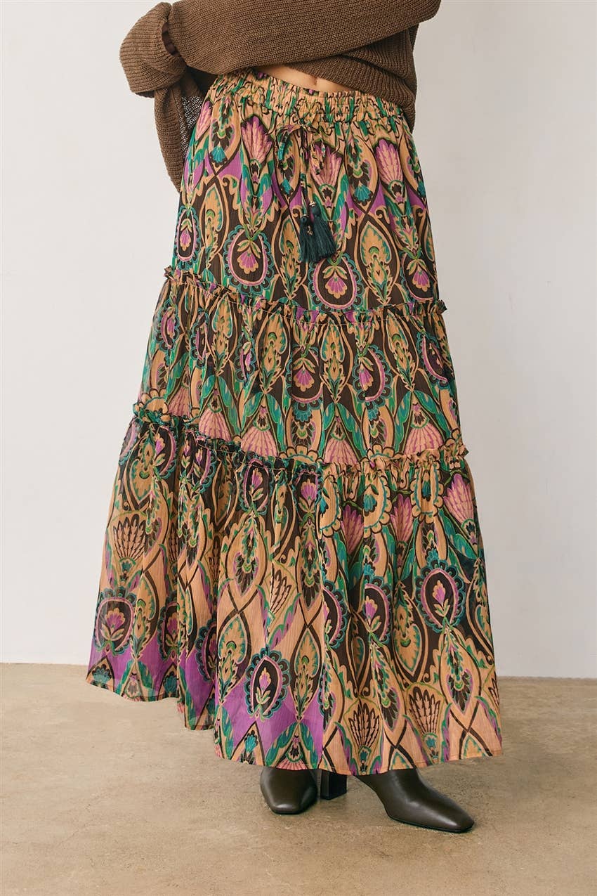 Boho Print Tiered Maxi Skirt
