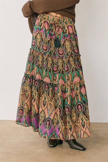 Boho Print Tiered Maxi Skirt