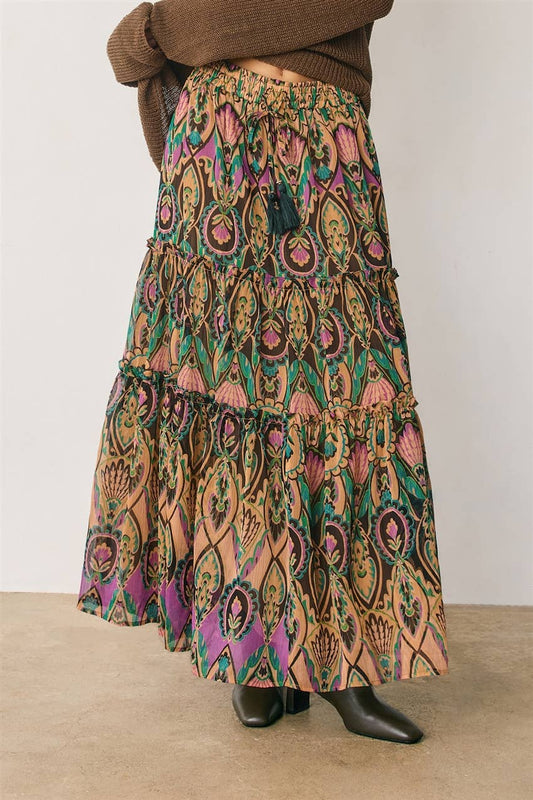 Boho Print Tiered Maxi Skirt