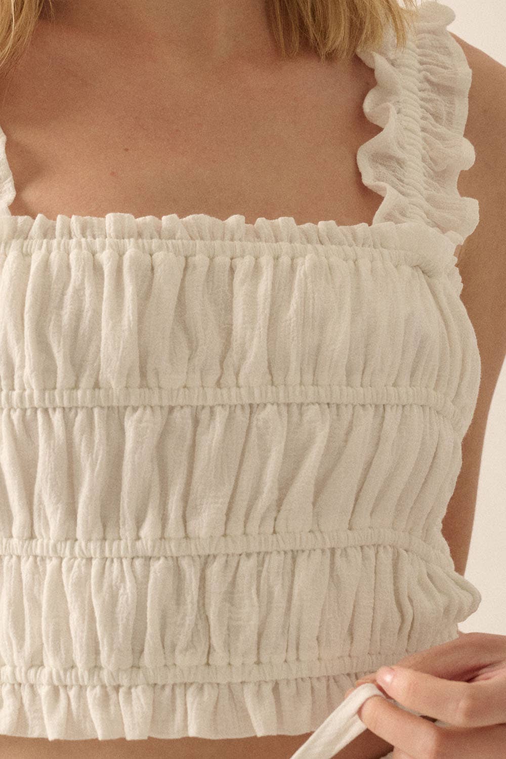 Smocked Solid Ruffled Woven Crop Top