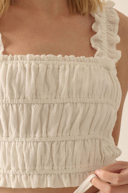 Smocked Solid Ruffled Woven Crop Top