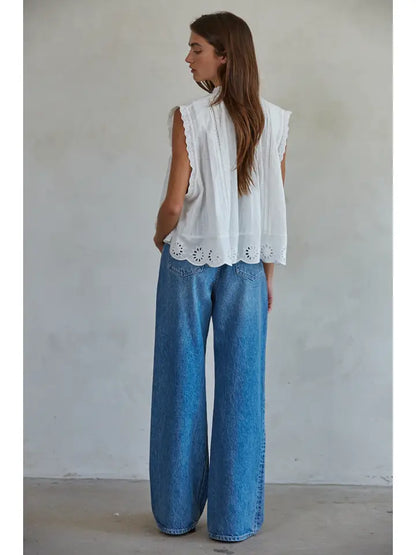Eyelet Button-down Cap Sleeve Top