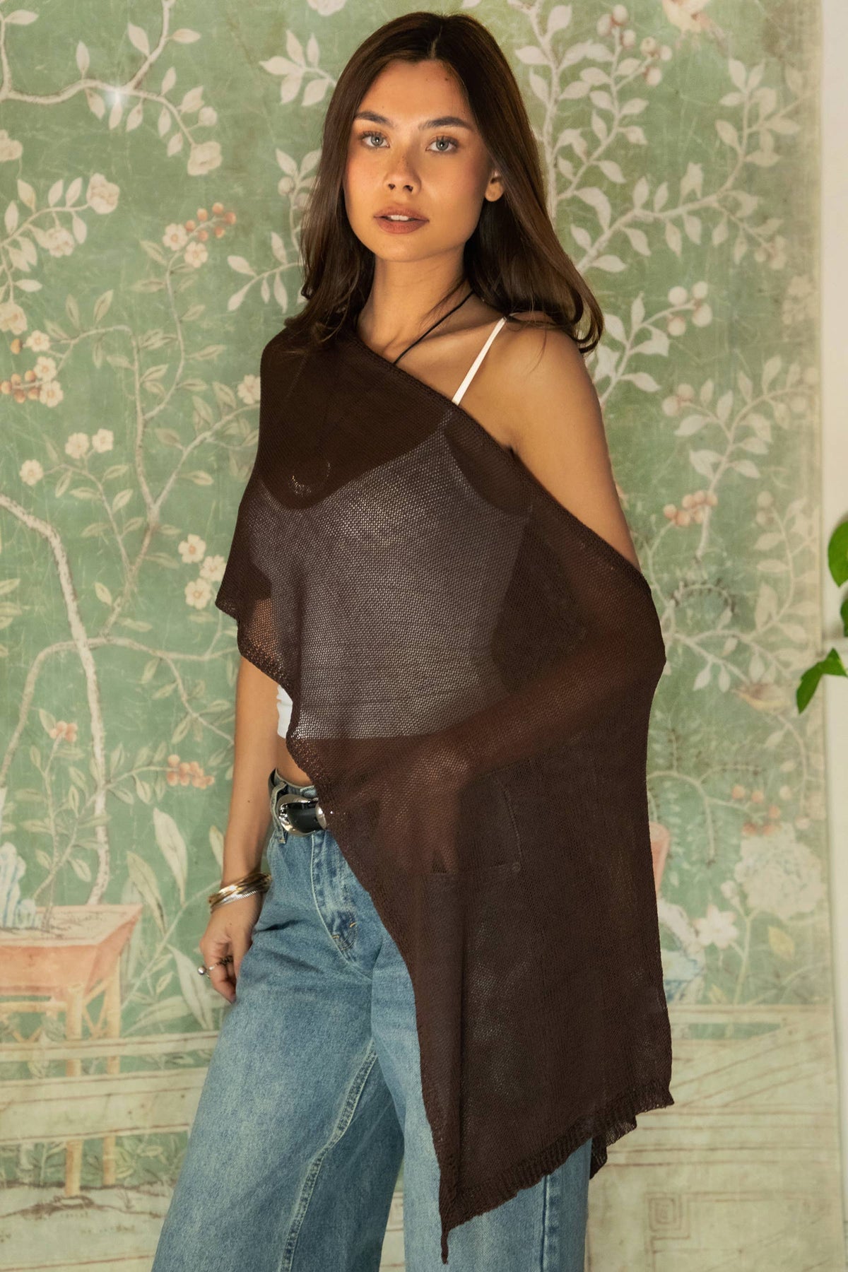 SOLEI Off Shoulder Sheer Sweater Cape