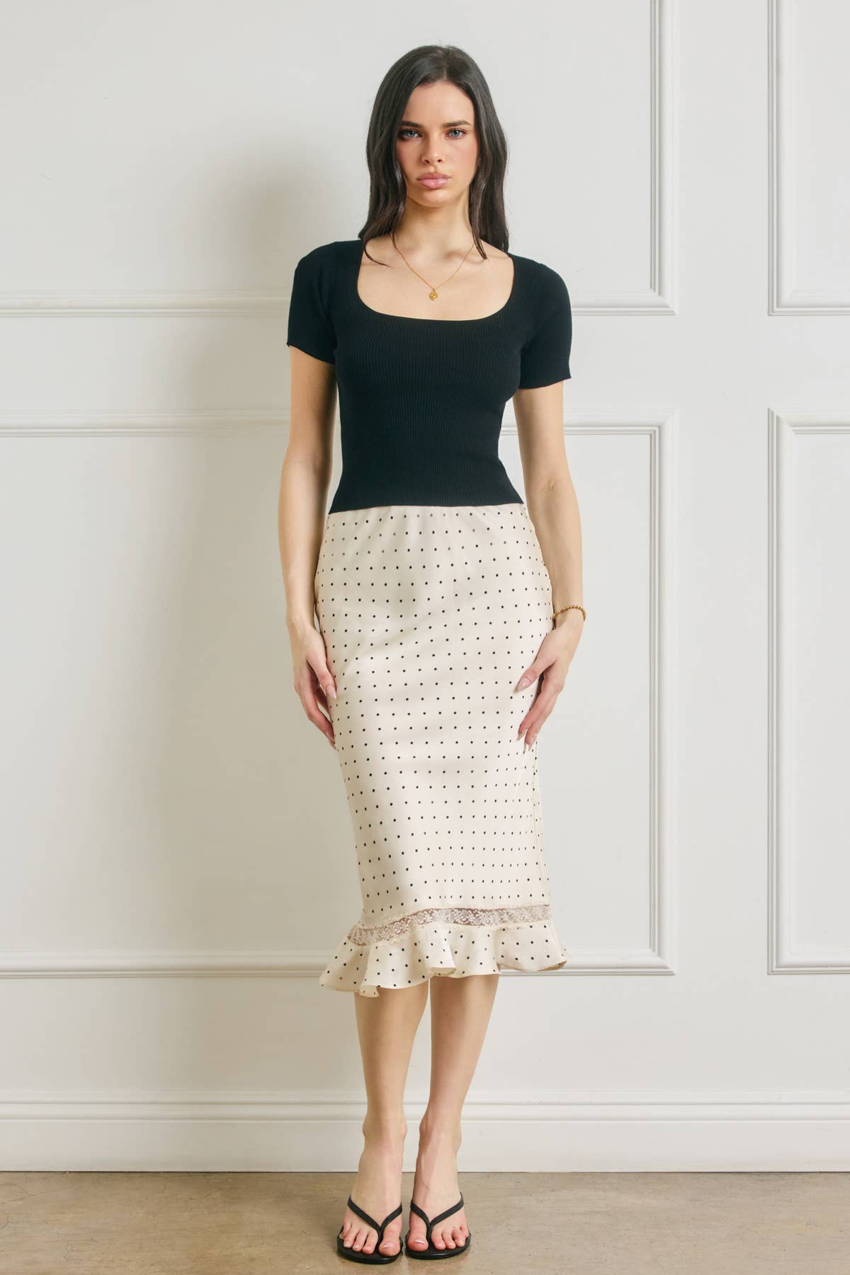 Polka Dot Lace Inset Ruffled Skirt