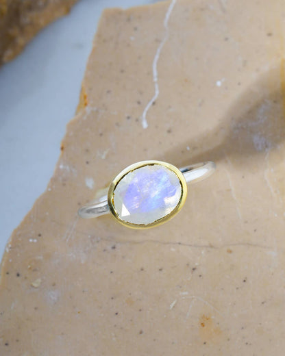 14k Gold Over Silver Rainbow Moonstone Solitaire Ring