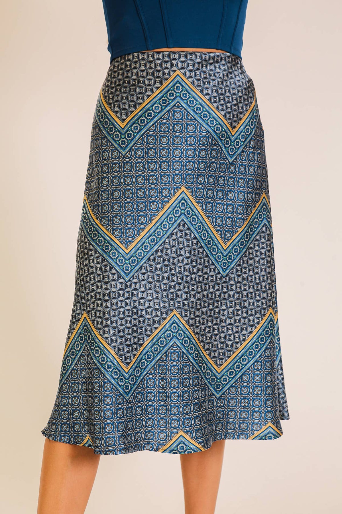 Geo Print Satin Midi Skirt