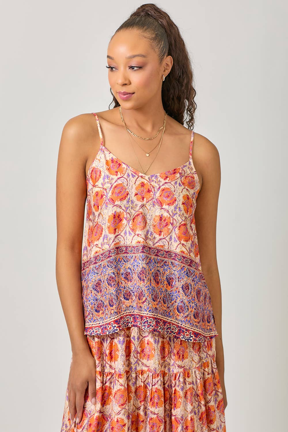 Adjustable Shoulder Strap Border Print Cami