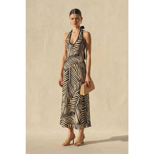 Tropical Leaf Contrast Bind Halter Maxi Dress