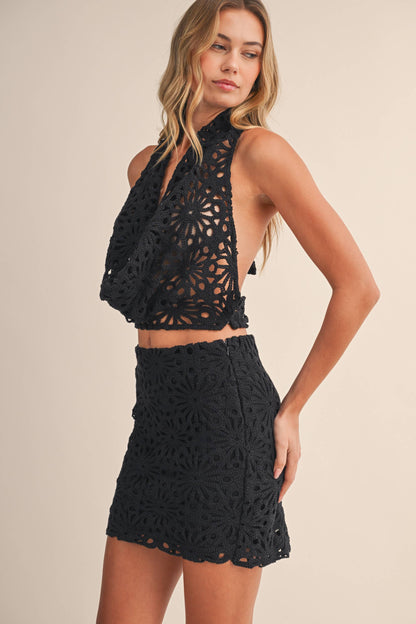 CROCHET LACE HALTER TOP AND MINI SKIRT SET