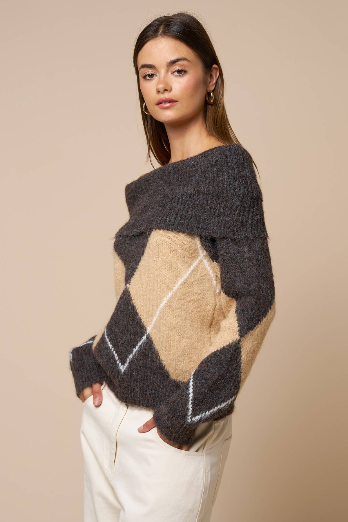 Off Shoulder Argyle Knit Sweater