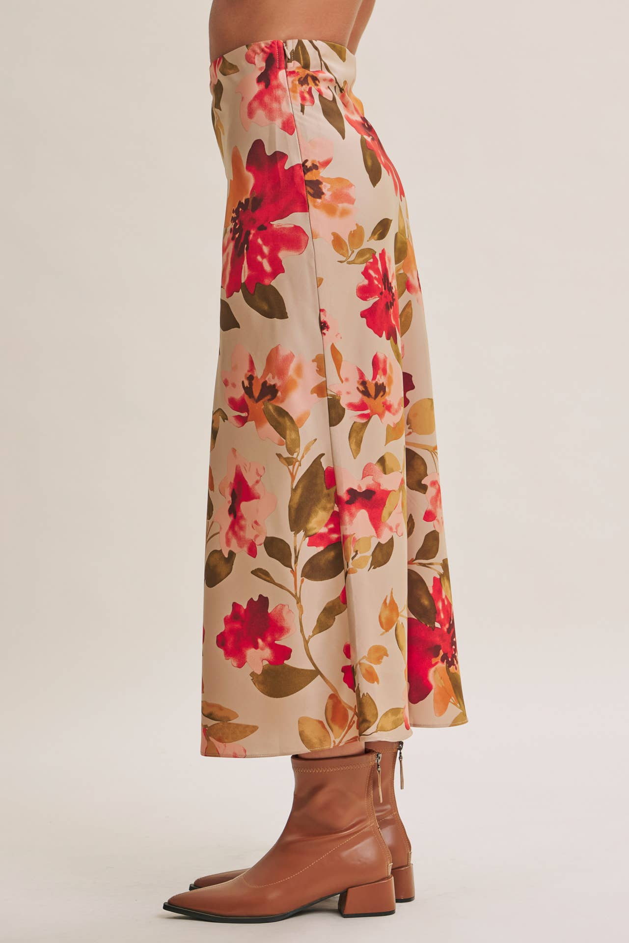 DRAPES SMOOTHLY SOFT FLORAL SATIN BIAS CUT MIDI SKIRT