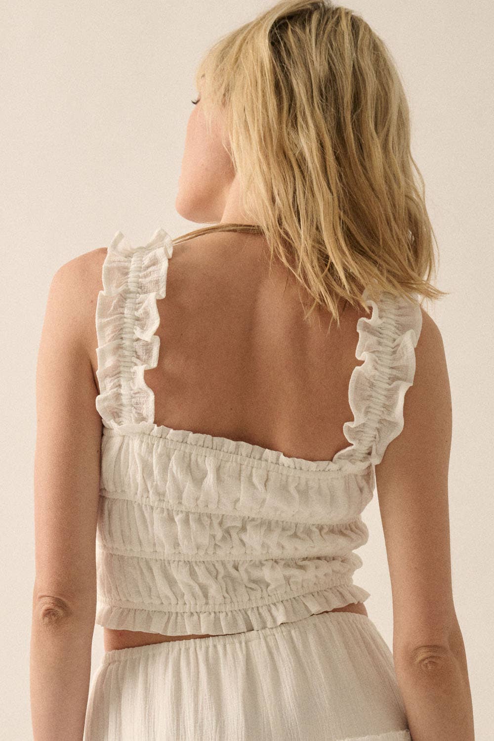 Smocked Solid Ruffled Woven Crop Top