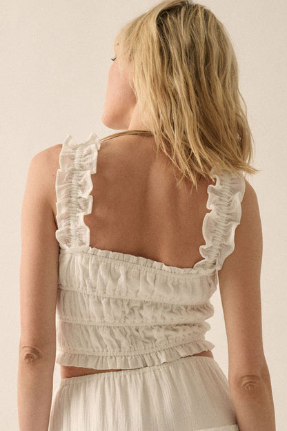 Smocked Solid Ruffled Woven Crop Top