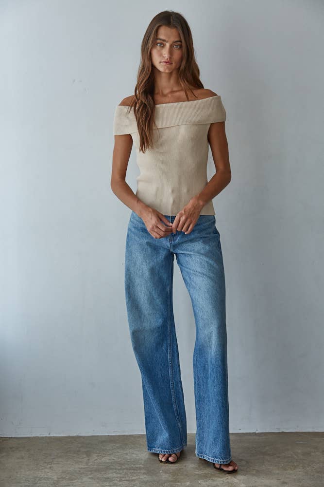 Knit Sweater Ribbed Fold Over Off The Shoulder Top