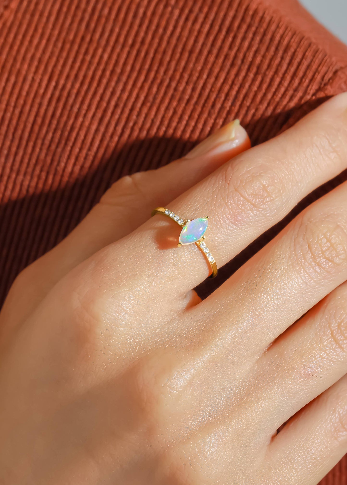 Gold Plated Silver Marquise Ethiopian Opal Ring with Accents