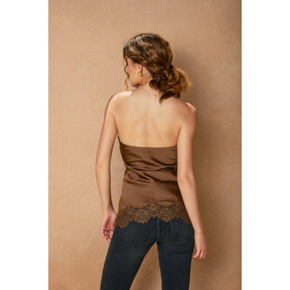 Satin Asymmetrical Lace Hem Sleeveless Top