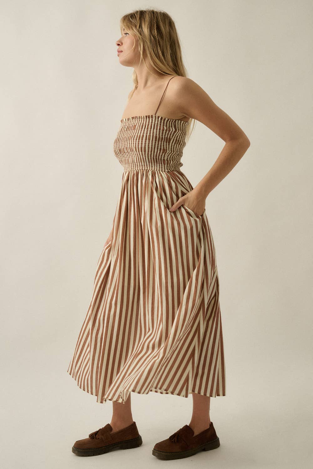 Striped Cotton-Blend Smocked Pocket Midi Dress