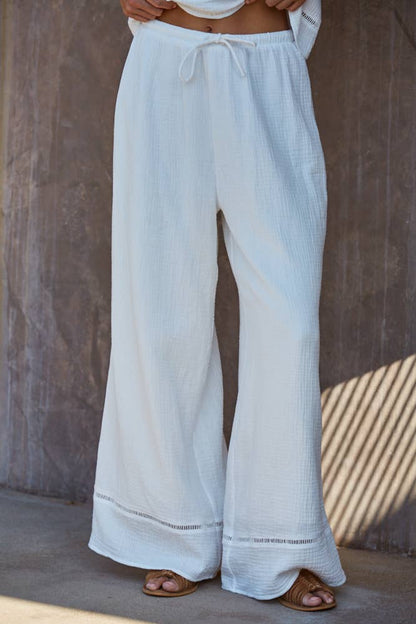 L9511B | Woven Cotton Waist Tie Strap Wide Leg Pants