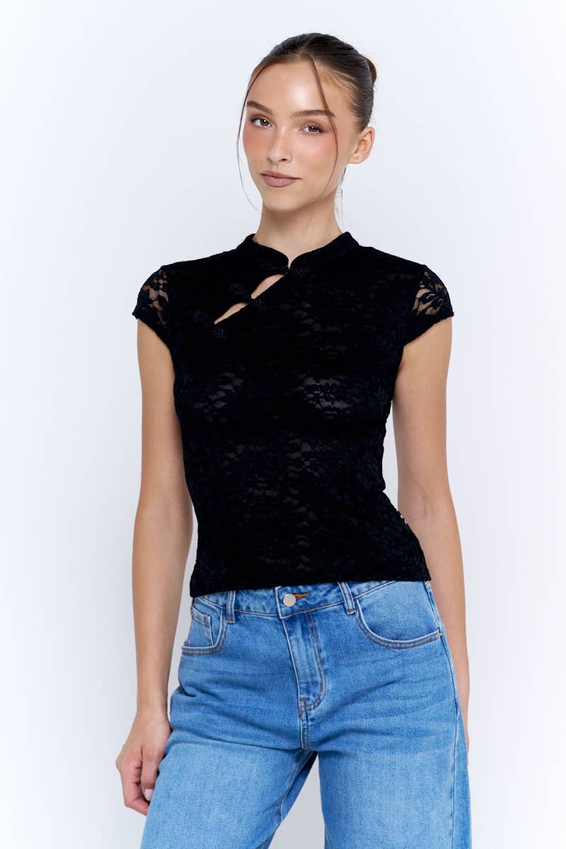Lace Mandarin Collar Frog Closure Cap Sleeve Crop Top