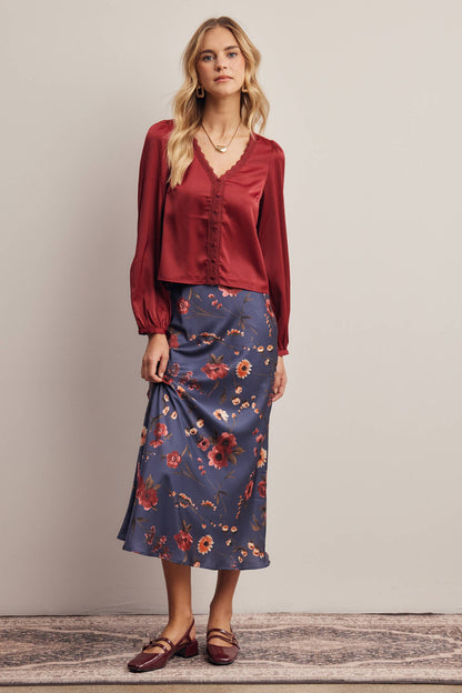 Floral Satin Midi Skirt